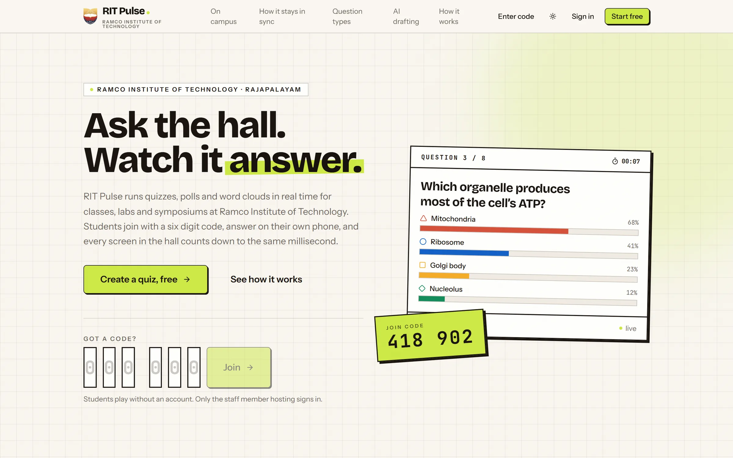 The Pulse landing page for Ramco Institute of Technology, with a live quiz question and a join-code card.